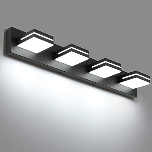 SineRise LED Modern Bathroom Vanity Light Fixtures (4-Light, 30-Inch, Dimmable), Matte Black Modern Acrylic Bathroom Wall Lighting Fixtures Over Mirror (Cool White 6000K)