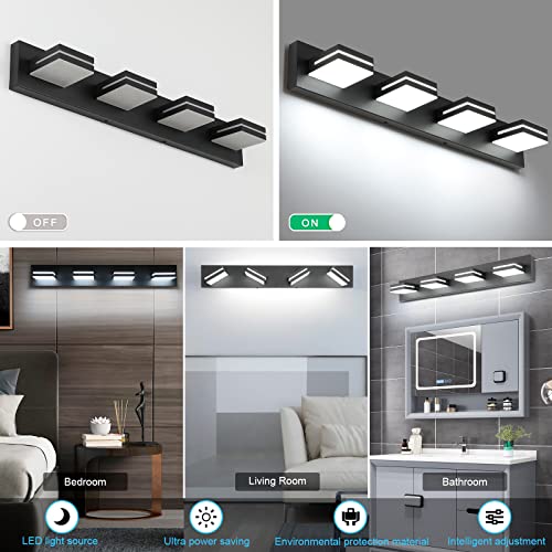 SineRise LED Modern Bathroom Vanity Light Fixtures (4-Light, 30-Inch, Dimmable), Matte Black Modern Acrylic Bathroom Wall Lighting Fixtures Over Mirror (Cool White 6000K)