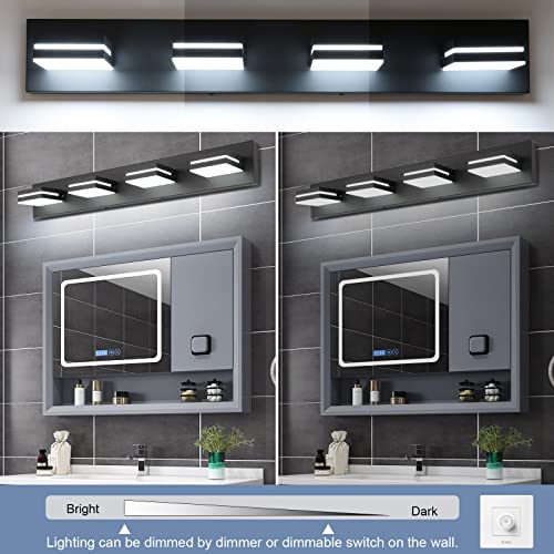 SineRise LED Modern Bathroom Vanity Light Fixtures (4-Light, 30-Inch, Dimmable), Matte Black Modern Acrylic Bathroom Wall Lighting Fixtures Over Mirror (Cool White 6000K)