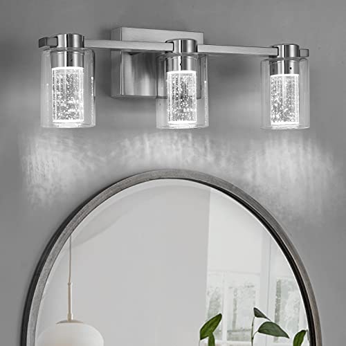 Zhizenl Bathroom Light Fixtures, Brushed Nickel 3 Light Bathroom Vanity Light Over Mirror, Modern Crystal Dimmable LED Vanity Lights with Clear Glass Shade for Bedroom Living Room