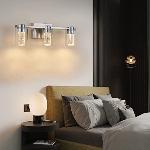 Zhizenl Bathroom Light Fixtures, Brushed Nickel 3 Light Bathroom Vanity Light Over Mirror, Modern Crystal Dimmable LED Vanity Lights with Clear Glass Shade for Bedroom Living Room