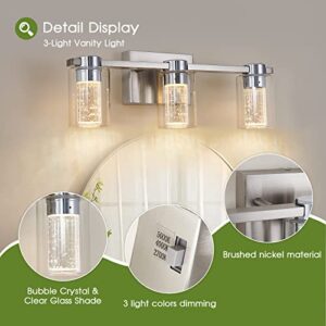 Zhizenl Bathroom Light Fixtures, Brushed Nickel 3 Light Bathroom Vanity Light Over Mirror, Modern Crystal Dimmable LED Vanity Lights with Clear Glass Shade for Bedroom Living Room