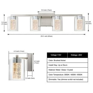 SineRise 4-Light Brushed Nickel Vanity Light with 3 Color Modes (3000K/4000K/6500K), Eye Protection LED Bathroom Light Fixture, Dimmable Modern Wall Light Over Mirror with Clear Glass Shades