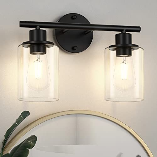 Licperron 2-Light Bathroom Vanity Light Fixtures, Modern Black Bathroom Vanity Lights Over Mirror with Clear Glass Shade, Industrial Wall Mounted Sconces Lighting for Bedroom Hallway