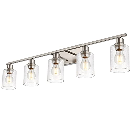 VINLUZ Modern 5 Light Wall Mounted Lighting in Brushed Nickel Finish Contemporary Bathroom Vanity Light Fixture with Seeded Glass Shade Over Mirror for Dressing Table Bedroom