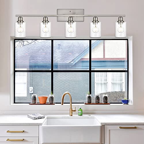 VINLUZ Modern 5 Light Wall Mounted Lighting in Brushed Nickel Finish Contemporary Bathroom Vanity Light Fixture with Seeded Glass Shade Over Mirror for Dressing Table Bedroom