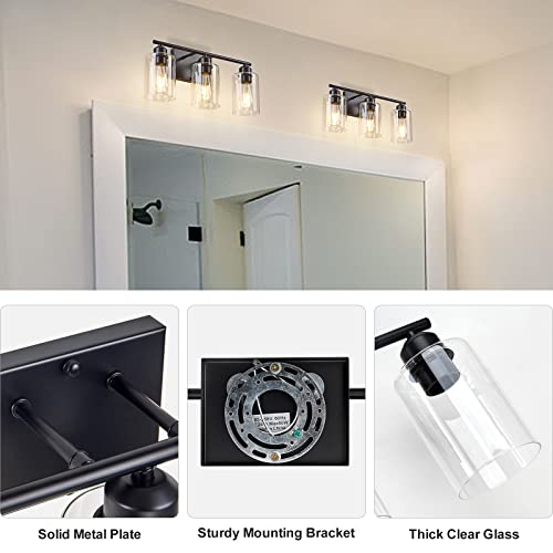 Bathroom Vanity Light Fixtures, 3-Light Black Bathroom Lights over Mirror Modern Wall Sconces Lighting, Matte Black Bathroom Wall Lights with Clear Glass Shade for Mirror, Hallway, Powder Room