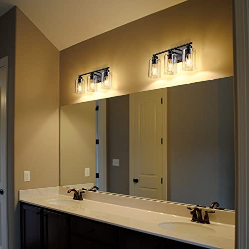 Bathroom Vanity Light Fixtures, 3-Light Black Bathroom Lights over Mirror Modern Wall Sconces Lighting, Matte Black Bathroom Wall Lights with Clear Glass Shade for Mirror, Hallway, Powder Room