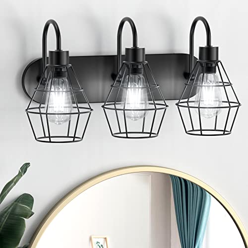 Elibbren Retro Style Industrial Bathroom Vanity Light 3 Lights, Vintage Matte Black Wall Sconce with Caged, E26 Base Farmhouse Bathroom Wall Light Fixture for Bathroom Vanity,UL Listed