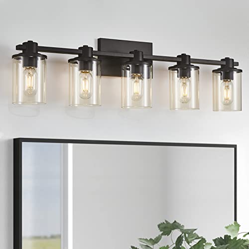 XGFOURSEVEN 5-Light Modern Bathroom Vanity Lights,Industrial Matte Black Bathroom Light Fixtures with Clear Glass, Vanity Lights Fixture for Bathroom, Living Room, Mirror,Hallway