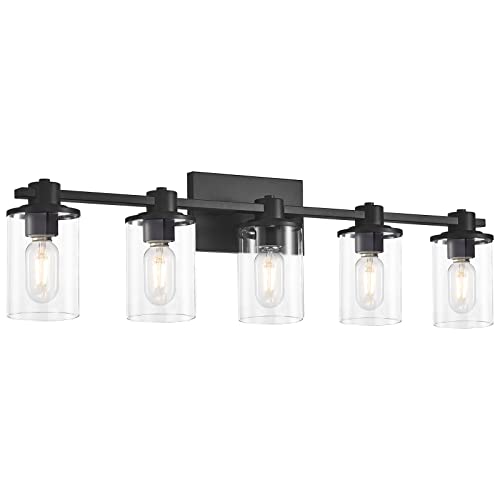 XGFOURSEVEN 5-Light Modern Bathroom Vanity Lights,Industrial Matte Black Bathroom Light Fixtures with Clear Glass, Vanity Lights Fixture for Bathroom, Living Room, Mirror,Hallway