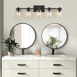 XGFOURSEVEN 5-Light Modern Bathroom Vanity Lights,Industrial Matte Black Bathroom Light Fixtures with Clear Glass, Vanity Lights Fixture for Bathroom, Living Room, Mirror,Hallway