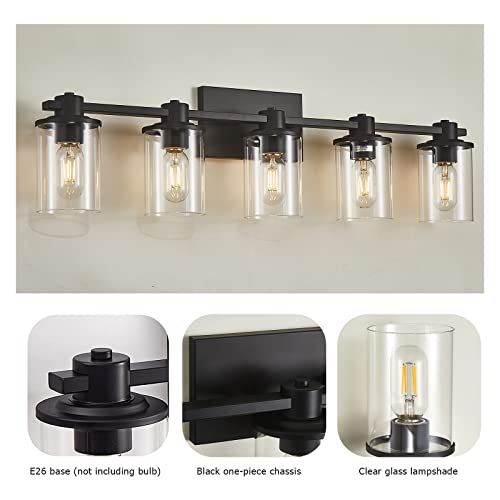 XGFOURSEVEN 5-Light Modern Bathroom Vanity Lights,Industrial Matte Black Bathroom Light Fixtures with Clear Glass, Vanity Lights Fixture for Bathroom, Living Room, Mirror,Hallway