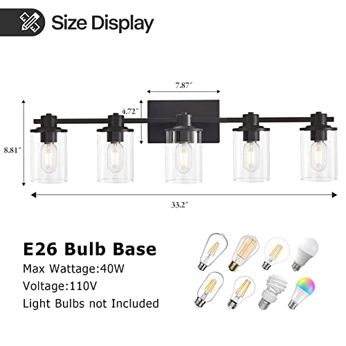 XGFOURSEVEN 5-Light Modern Bathroom Vanity Lights,Industrial Matte Black Bathroom Light Fixtures with Clear Glass, Vanity Lights Fixture for Bathroom, Living Room, Mirror,Hallway