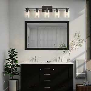 XGFOURSEVEN 5-Light Modern Bathroom Vanity Lights,Industrial Matte Black Bathroom Light Fixtures with Clear Glass, Vanity Lights Fixture for Bathroom, Living Room, Mirror,Hallway