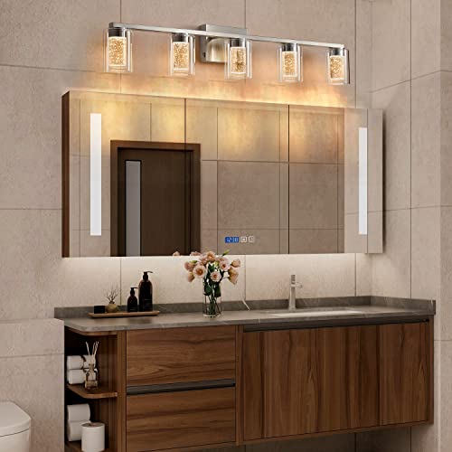 stambord Bathroom Light Fixtures, 5 Light Brushed Nickel Bathroom Vanity Light Over Mirror, 3 Color LED Vanity Lights with Crystal Bubble Glass, Dimmable Wall Sconce Lighting for Bathroom，Living Room