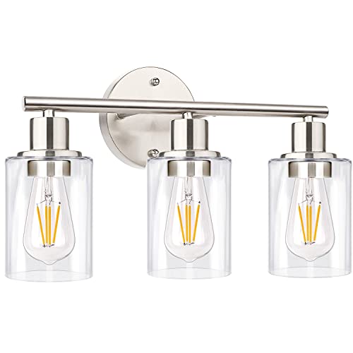 3-Light Bathroom Light Fixtures, Brushed Nickel Vanity Light, Farmhouse Wall Lights with Clear Glass Shade, Bathroom Wall Lamp for Mirror Kitchen Bedroom Hallway Living Room Hallway Cabinet