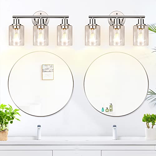 3-Light Bathroom Light Fixtures, Brushed Nickel Vanity Light, Farmhouse Wall Lights with Clear Glass Shade, Bathroom Wall Lamp for Mirror Kitchen Bedroom Hallway Living Room Hallway Cabinet