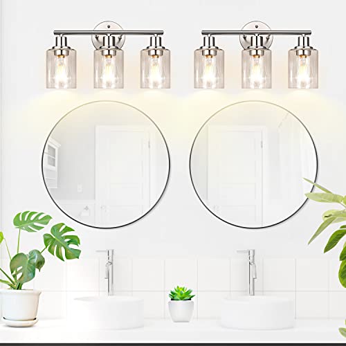 3-Light Bathroom Light Fixtures, Brushed Nickel Vanity Light, Farmhouse Wall Lights with Clear Glass Shade, Bathroom Wall Lamp for Mirror Kitchen Bedroom Hallway Living Room Hallway Cabinet