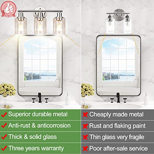 3-Light Bathroom Light Fixtures, Brushed Nickel Vanity Light, Farmhouse Wall Lights with Clear Glass Shade, Bathroom Wall Lamp for Mirror Kitchen Bedroom Hallway Living Room Hallway Cabinet