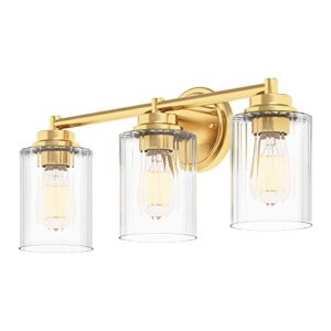 getinlight 20" wide 3-light gold bathroom vanity light with clear ribbed glass shade, bulb not included, in-0444-3-gd