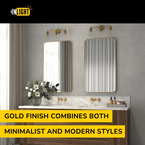 GETINLIGHT 20" Wide 3-Light Gold Bathroom Vanity Light with Clear Ribbed Glass Shade, Bulb Not Included, IN-0444-3-GD