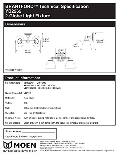 Moen YB2262CH Brantford 2-Light Dual-Mount Bath Bathroom Vanity Fixture with Frosted Glass, Chrome