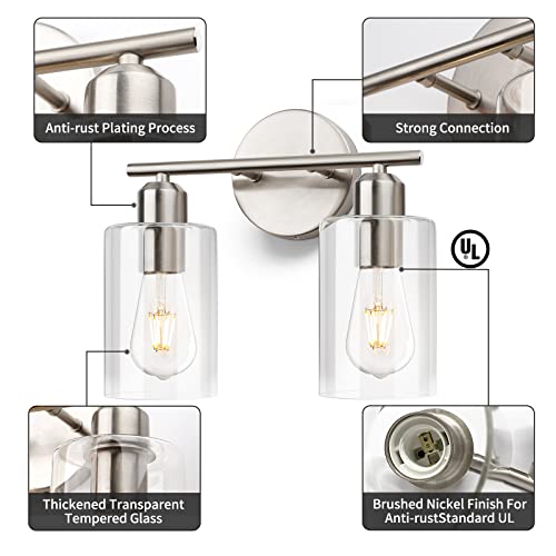 SEABLE Bathroom Vanity Light Brushed Nickel 2 Light Bathroom Light Fixtures with Clear Glass Shade Modern Wall Sconces Bathroom Lights Over Mirror UL Listed