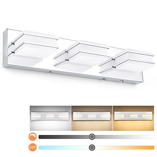 3 Color Temperature Dimmable Bathroom Light Fixtures over Mirror LED Chrome 3 Light Bathroom Vanity Light Fixtures Acrylic Stainless Steel Square Shade Vanity Lights for Bathroom, ETL Certificated