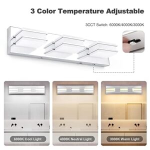 3 Color Temperature Dimmable Bathroom Light Fixtures over Mirror LED Chrome 3 Light Bathroom Vanity Light Fixtures Acrylic Stainless Steel Square Shade Vanity Lights for Bathroom, ETL Certificated