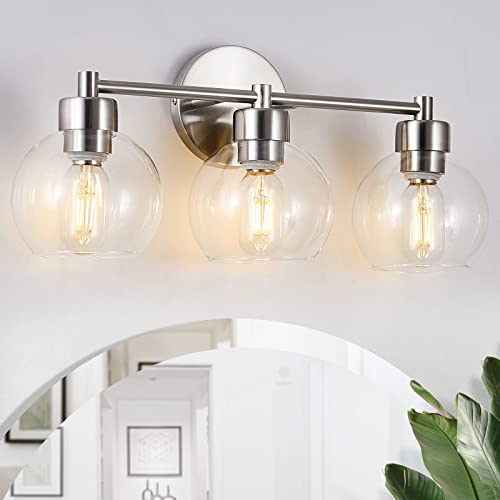 diniluse Bathroom Light Fixtures 3 Lights Vanity Light with Brushed Nickel Round Finish, Bathroom Vanity Lights with Clear Globe Glass, Wall Sconce for Mirror, Bedroom, Living Room, Kitchen