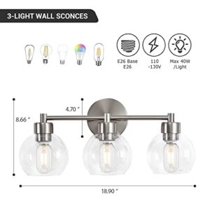 diniluse Bathroom Light Fixtures 3 Lights Vanity Light with Brushed Nickel Round Finish, Bathroom Vanity Lights with Clear Globe Glass, Wall Sconce for Mirror, Bedroom, Living Room, Kitchen