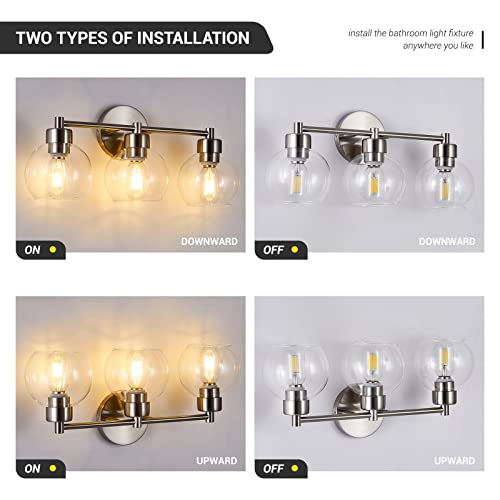 diniluse Bathroom Light Fixtures 3 Lights Vanity Light with Brushed Nickel Round Finish, Bathroom Vanity Lights with Clear Globe Glass, Wall Sconce for Mirror, Bedroom, Living Room, Kitchen