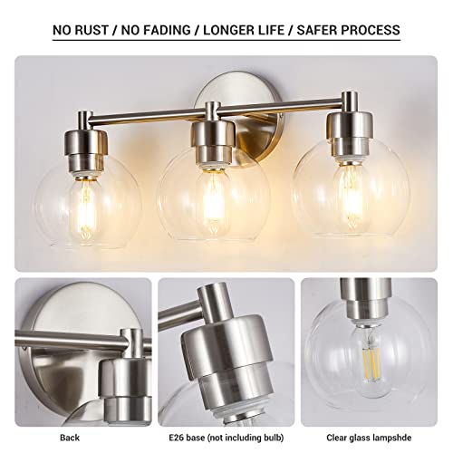 diniluse Bathroom Light Fixtures 3 Lights Vanity Light with Brushed Nickel Round Finish, Bathroom Vanity Lights with Clear Globe Glass, Wall Sconce for Mirror, Bedroom, Living Room, Kitchen