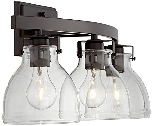 Possini Euro Design Bellis Modern Industrial Wall Light Bronze Brown Hardwired 23 1/2" 3-Light Fixture Clear Curving Glass Shade for Bedroom Bedside Bathroom Vanity Living Room Hallway Dining House