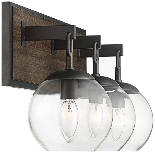 Possini Euro Design Webly Industrial Rustic Wall Light Gunmetal Faux Wood Hardwired 20" 3-Light Fixture Clear Glass Globe Shade for Bedroom Bedside Bathroom Vanity Living Room Hallway Dining House