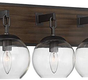 Possini Euro Design Webly Industrial Rustic Wall Light Gunmetal Faux Wood Hardwired 20" 3-Light Fixture Clear Glass Globe Shade for Bedroom Bedside Bathroom Vanity Living Room Hallway Dining House