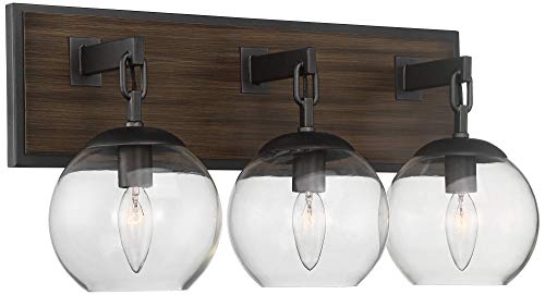 Possini Euro Design Webly Industrial Rustic Wall Light Gunmetal Faux Wood Hardwired 20" 3-Light Fixture Clear Glass Globe Shade for Bedroom Bedside Bathroom Vanity Living Room Hallway Dining House