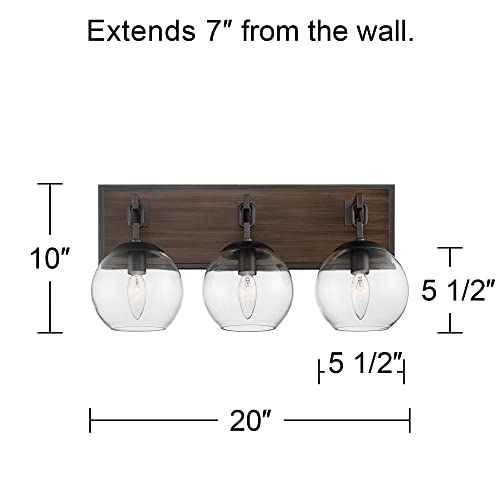 Possini Euro Design Webly Industrial Rustic Wall Light Gunmetal Faux Wood Hardwired 20" 3-Light Fixture Clear Glass Globe Shade for Bedroom Bedside Bathroom Vanity Living Room Hallway Dining House