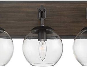 Possini Euro Design Webly Industrial Rustic Wall Light Gunmetal Faux Wood Hardwired 20" 3-Light Fixture Clear Glass Globe Shade for Bedroom Bedside Bathroom Vanity Living Room Hallway Dining House