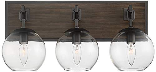 Possini Euro Design Webly Industrial Rustic Wall Light Gunmetal Faux Wood Hardwired 20" 3-Light Fixture Clear Glass Globe Shade for Bedroom Bedside Bathroom Vanity Living Room Hallway Dining House