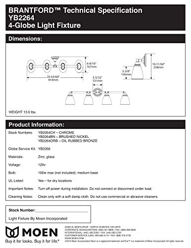 Moen YB2264CH Brantford 4-Light Dual-Mount Bathroom Vanity Fixture with Frosted Glass, Chrome