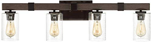 Franklin Iron Works Poetry Industrial Farmhouse Rustic Wall Light Bronze Wood Grain Hardwired 34" 4-Light Fixture Clear Seedy Glass Shade for Bedroom Bedside Bathroom Vanity Living Room Hallway