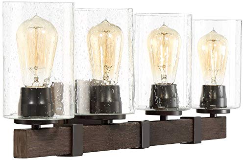 Franklin Iron Works Poetry Industrial Farmhouse Rustic Wall Light Bronze Wood Grain Hardwired 34" 4-Light Fixture Clear Seedy Glass Shade for Bedroom Bedside Bathroom Vanity Living Room Hallway