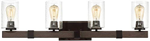 Franklin Iron Works Poetry Industrial Farmhouse Rustic Wall Light Bronze Wood Grain Hardwired 34" 4-Light Fixture Clear Seedy Glass Shade for Bedroom Bedside Bathroom Vanity Living Room Hallway