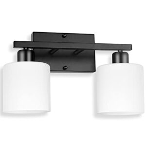 dekang bathroom light fixtures over mirror, anti-rust matte black vanity lights 15 mid century modern 2-light wall sconces, milky white glass shades, e26 standard socket, bulbs not included