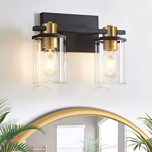 stambord 2 Light Bathroom Vanity Light, Black and Gold Bathroom Light Fixtures, Sconces Wall Lighting with Glass Shade, Modern Farmhouse Vanity Lighting fixtures for Bathroom, Bedroom, Hallway