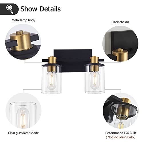 stambord 2 Light Bathroom Vanity Light, Black and Gold Bathroom Light Fixtures, Sconces Wall Lighting with Glass Shade, Modern Farmhouse Vanity Lighting fixtures for Bathroom, Bedroom, Hallway