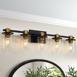 atocif 5 light bathroom vanity light fixtures, black and gold vanity light above mirror with clear glass shade, modern wall sconce black with bronze vintage