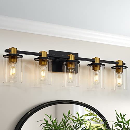 Atocif 5 Light Bathroom Vanity Light Fixtures, Black and Gold Vanity Light Above Mirror with Clear Glass Shade, Modern Wall Sconce Black with Bronze Vintage